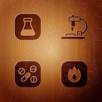Set Fire flame, Test tube and flask, Medicine pill or tablet and Microscope on Stockillustratie