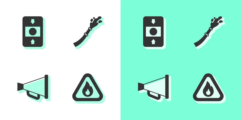 Set Fire flame in triangle, alarm system, Megaphone and hose reel icon. Vector Illustrazione stock