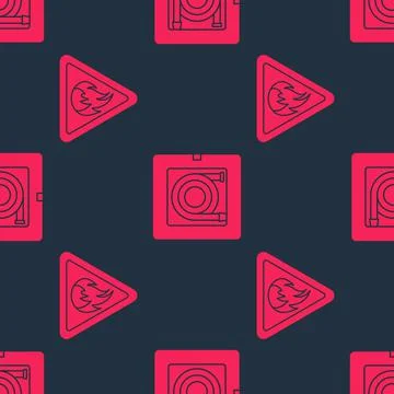 Set Fire flame in triangle and Fire hose cabinet on seamless pattern. Vector 스톡 일러스트