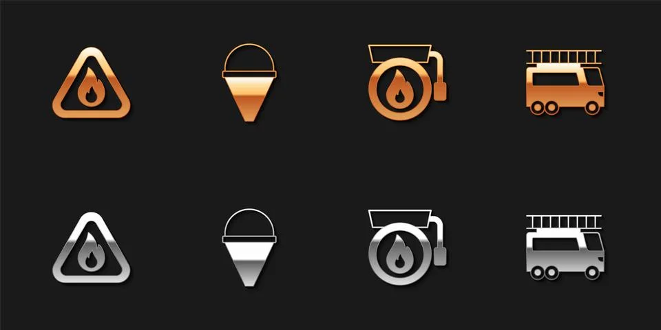 Set Fire flame in triangle, cone bucket, Ringing alarm bell and truck icon... Illustrazione stock
