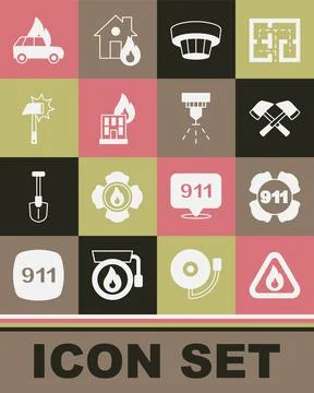 Set Fire flame in triangle, Emergency call 911, Firefighter axe, Smoke alarm Illustration