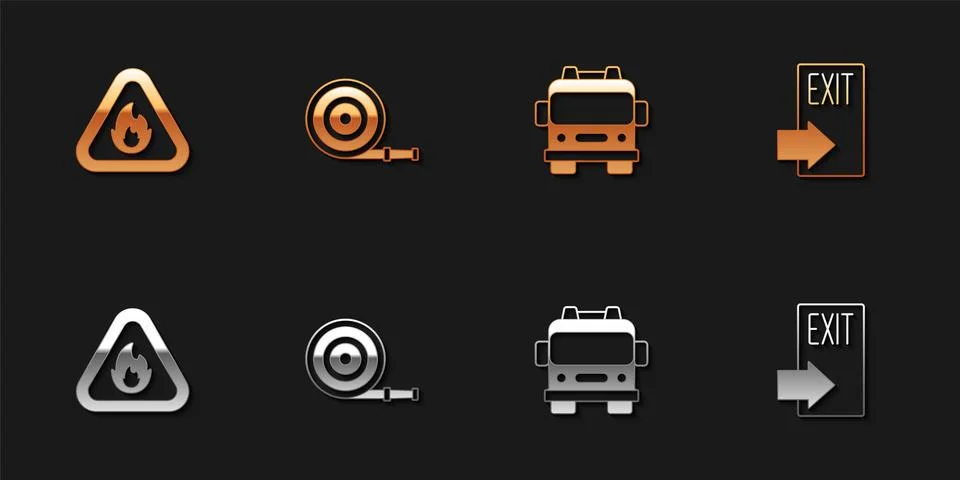 Set Fire flame in triangle, hose reel, truck and exit icon. Vector 스톡 일러스트