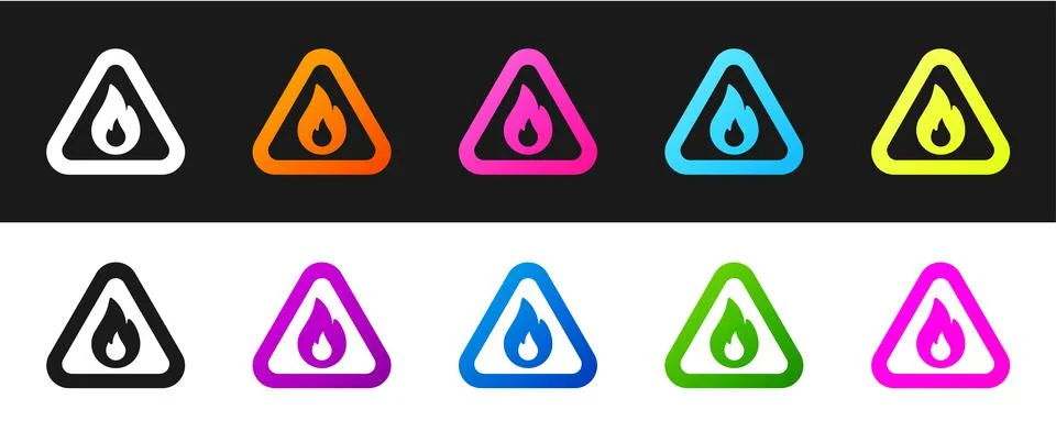 Set Fire flame in triangle icon isolated on black and white background. Warning Stock-Illustration