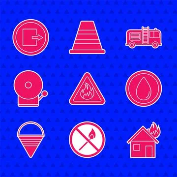Set Fire flame in triangle, No fire match, burning house, Water drop, cone Stock Illustration