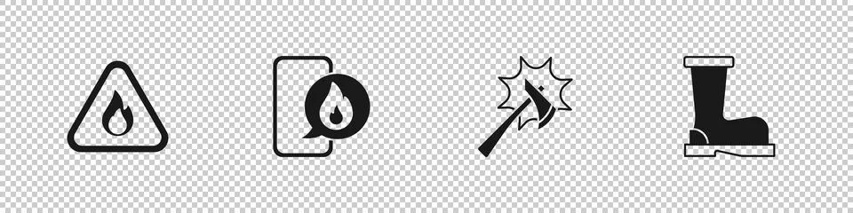 Set Fire flame in triangle, Phone with emergency call 911, Firefighter axe and Illustration