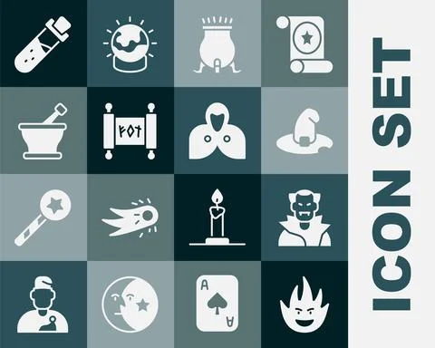 Set Fire flame, Vampire, Witch hat, cauldron, Magic scroll, Mortar and pestle Illustrazione stock