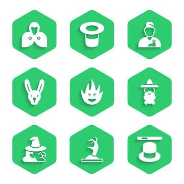 Set Fire flame, Zombie hand, Magic hat wand, Wizard warlock, Witch, Rabbit with Ilustração Stock