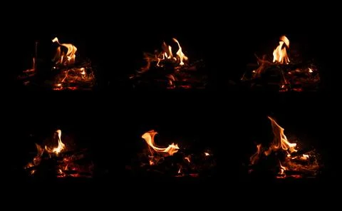 Set of fire flames on black background. Blazing campfire isolated on dark b.. Stock Photos
