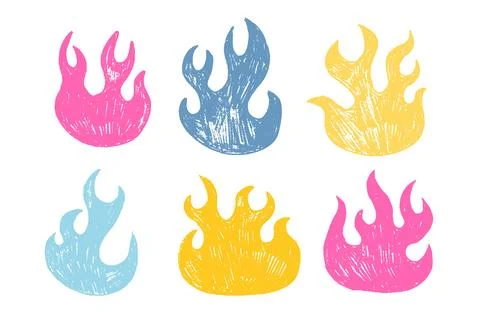 Set of fire flames with crayon, pastel or chalk texture. Color childish hand Illustrazione stock