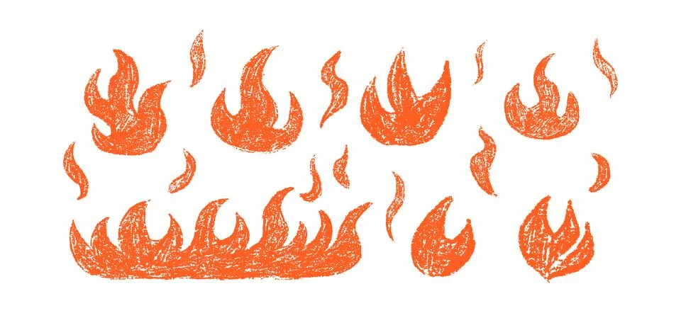 Set of fire flames doodle collection. Hand drawn crayon, pastel and chalk t.. Stock Illustration