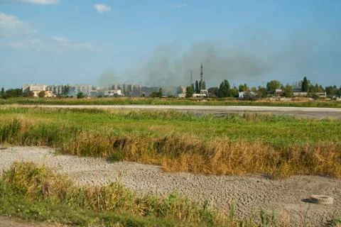 Set fire to grass on the field Foto stock