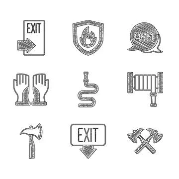 Set Fire hose reel, exit, Firefighter axe, gloves, Emergency call 911 and  ic Illustration
