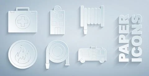 Set Fire hose reel, flame, truck, Medical hospital building and First aid kit Ilustración de archivo