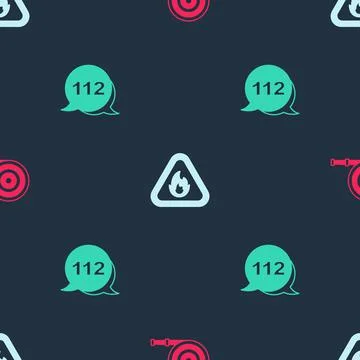 Set Fire hose reel, flame in triangle and Emergency call on seamless pattern Stock Illustration