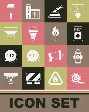 Set Fire hose reel, hydrant, alarm system, cone bucket, sprinkler, Hammer and Ilustración de archivo