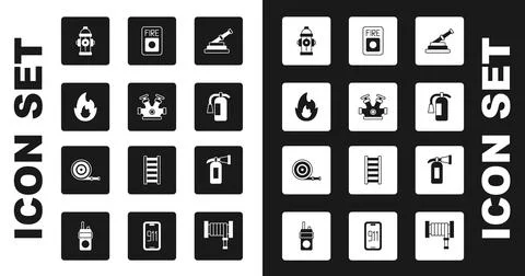 Set Fire hose reel, hydrant, flame, extinguisher, alarm system,  and  icon... Stock Illustration
