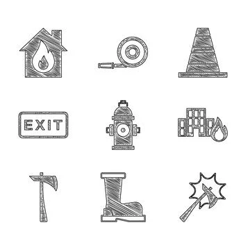 Set Fire hydrant, boots, Firefighter axe, in burning buildings, exit, Traffic Illustration