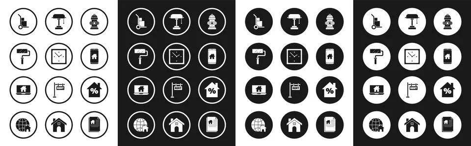 Set Fire hydrant, Clock, Paint roller brush, Hand truck and boxes, Mobile phone Stock Illustration