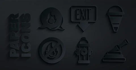 Set Fire hydrant, cone bucket, No fire, hose reel, exit and Emergency call .. Stock Illustration