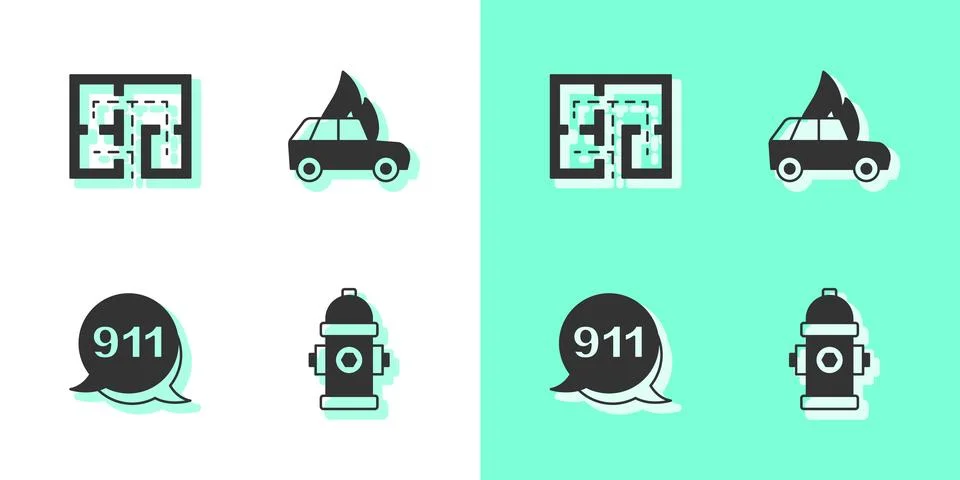 Set Fire hydrant, Evacuation plan, Emergency call 911 and Burning car icon... イラスト素材