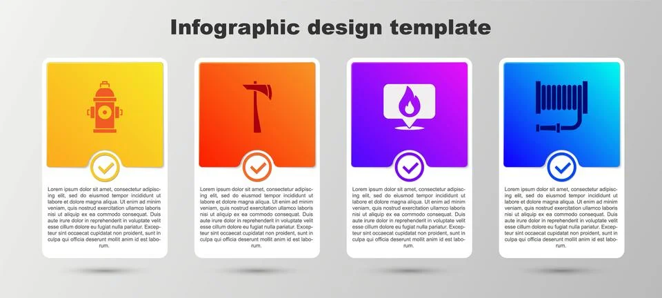 Set Fire hydrant, Firefighter axe, Location with fire flame and hose reel. .. Stock Illustration