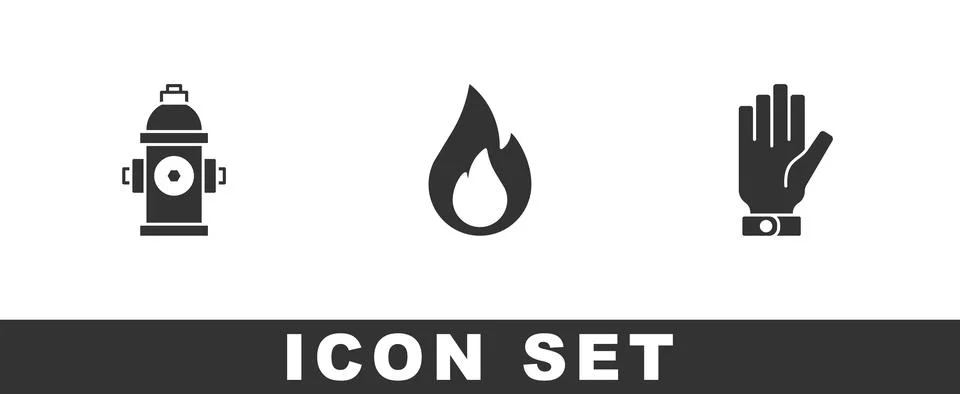 Set Fire hydrant, flame and Firefighter gloves icon. Vector Stock Illustration