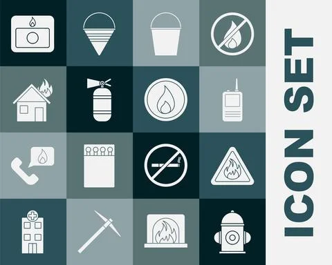 Set Fire hydrant, flame in triangle, Walkie talkie, bucket, extinguisher Stock Illustration