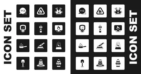 Set Fire hydrant, Flashlight, Gas mask, Emergency call, Location with fire flame Illustration