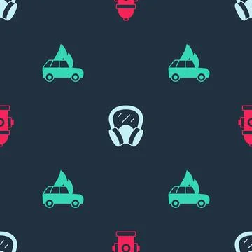 Set Fire hydrant, Gas mask and Burning car on seamless pattern. Vector Illustrazione stock