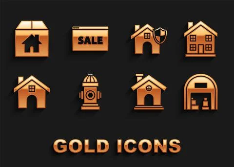 Set Fire hydrant, Home symbol, Warehouse, House, with shield, Cardboard box and Stock Illustration