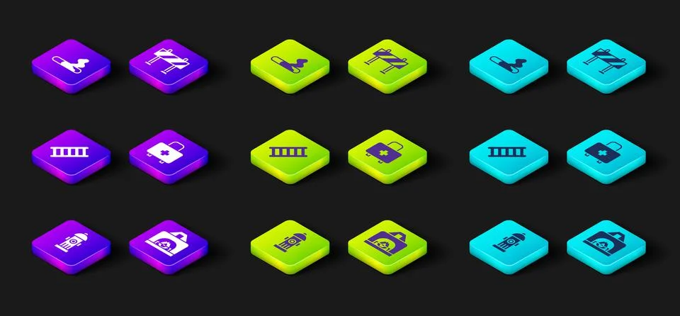 Set Fire hydrant, Interior fireplace, escape, First aid kit, Road barrier and Ilustración de archivo