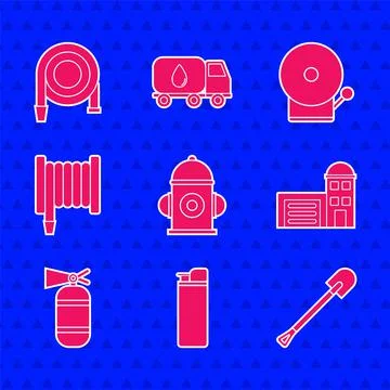 Set Fire hydrant, Lighter, shovel, Building of fire station, extinguisher, hose Ilustración de archivo