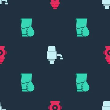 Set Fire hydrant, Mechanical pump for water and Glass with on seamless pattern Illustrazione stock