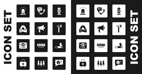 Set Fire hydrant, Megaphone, Campfire, Ringing alarm bell, Firefighter axe, T Stock Illustration