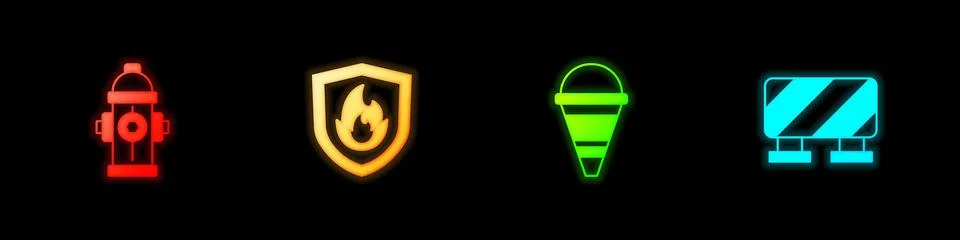 Set Fire hydrant, protection shield, cone bucket and Road barrier icon. Vector Illustration