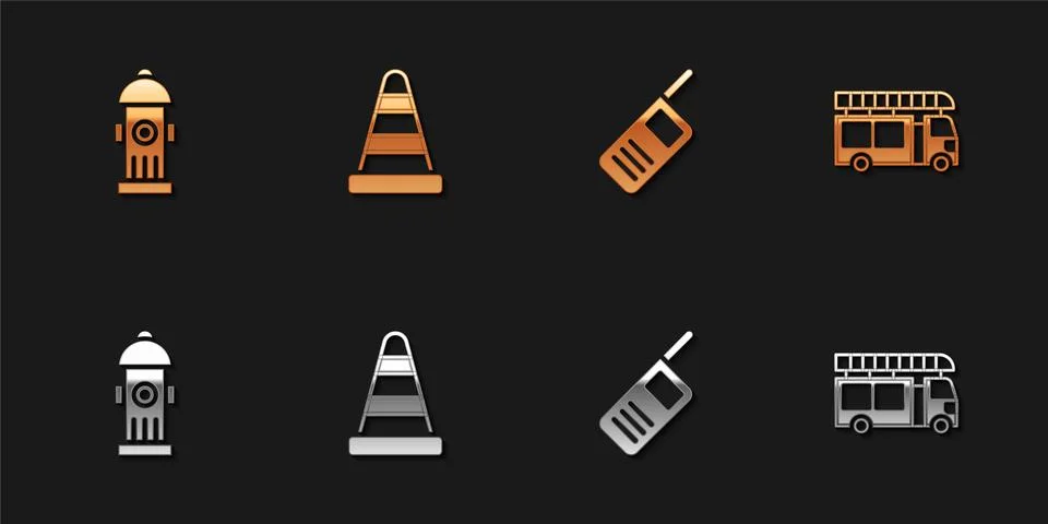 Set Fire hydrant, Traffic cone, Walkie talkie and truck icon. Vector Stock Illustration