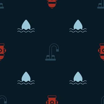 Set Fire hydrant, Water tap and drop on seamless pattern. Vector Stock Illustration
