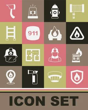 Set Fire protection shield, in burning building, flame triangle, hydrant Ilustración de archivo