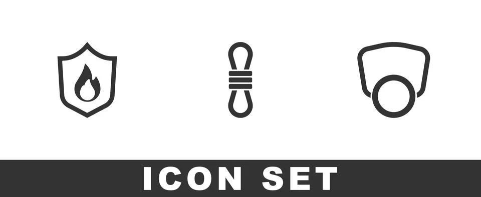 Set Fire protection shield, Climber rope and Gas mask icon. Vector Stock Illustration