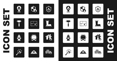Set Fire protection shield, Evacuation plan, Firefighter axe, Location with fire Illustration