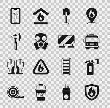 Set Fire protection shield, extinguisher, truck, shovel, Gas mask, Firefighte Illustration