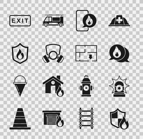 Set Fire protection shield, Flasher siren, Telephone call 911, Phone with Ilustración de archivo
