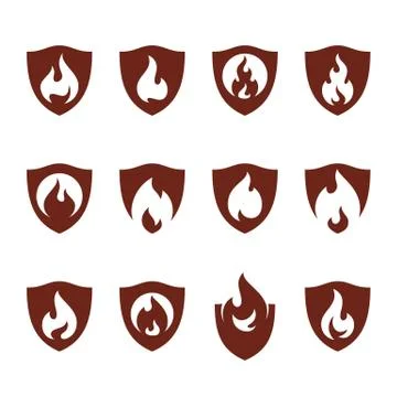 Set of Fire Shield Logo Design Vector Template. Shield Fire Logo Concept. Ico Stock Illustration