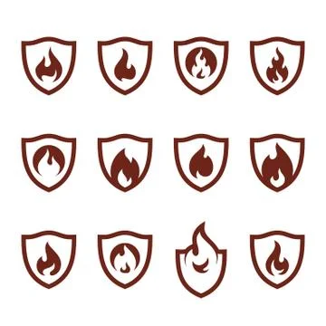 Set of Fire Shield Logo Design Vector Template. Shield Fire Logo Concept. Ico Stock Illustration