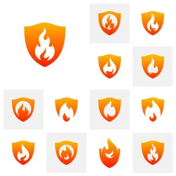 Set of Fire Shield Logo Design Vector Template. Shield Fire Logo Concept. Ico Stock Illustration