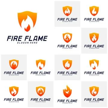 Set of Fire Shield Logo Design Vector Template. Shield Fire Logo Concept. Ico Stock Illustration