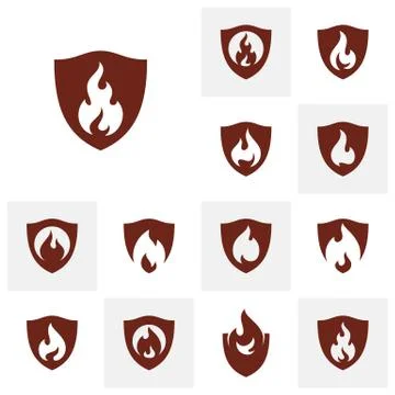 Set of Fire Shield Logo Design Vector Template. Shield Fire Logo Concept. Ico Stock Illustration