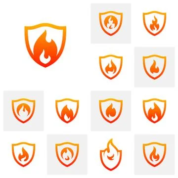 Set of Fire Shield Logo Design Vector Template. Shield Fire Logo Concept. Ico Stock Illustration