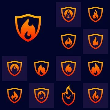 Set of Fire Shield Logo Design Vector Template. Shield Fire Logo Concept. Ico Stock Illustration