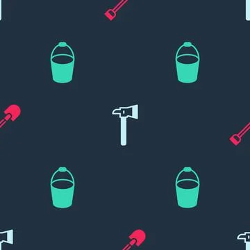 Set Fire shovel, Firefighter axe and bucket on seamless pattern. Vector 스톡 일러스트